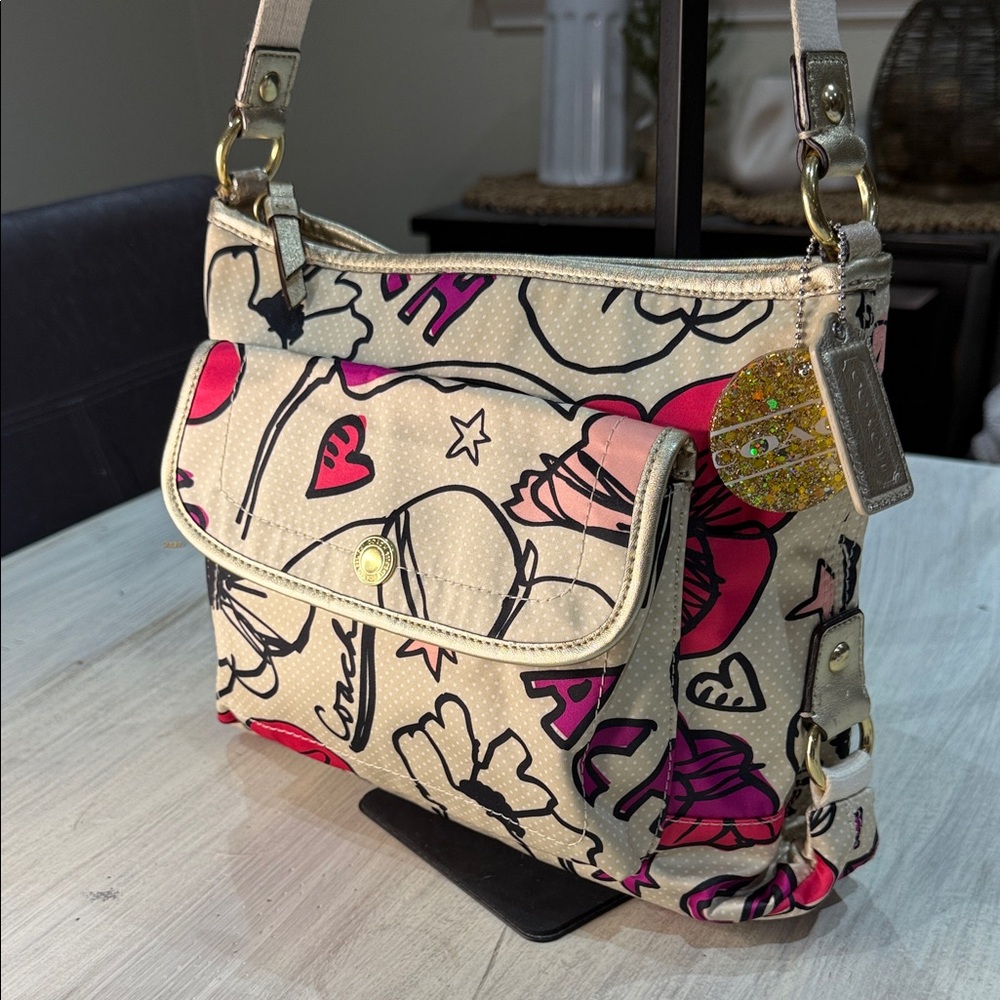 Coach Poppy Beige and Pink Floral Graphic Shoulder Bag